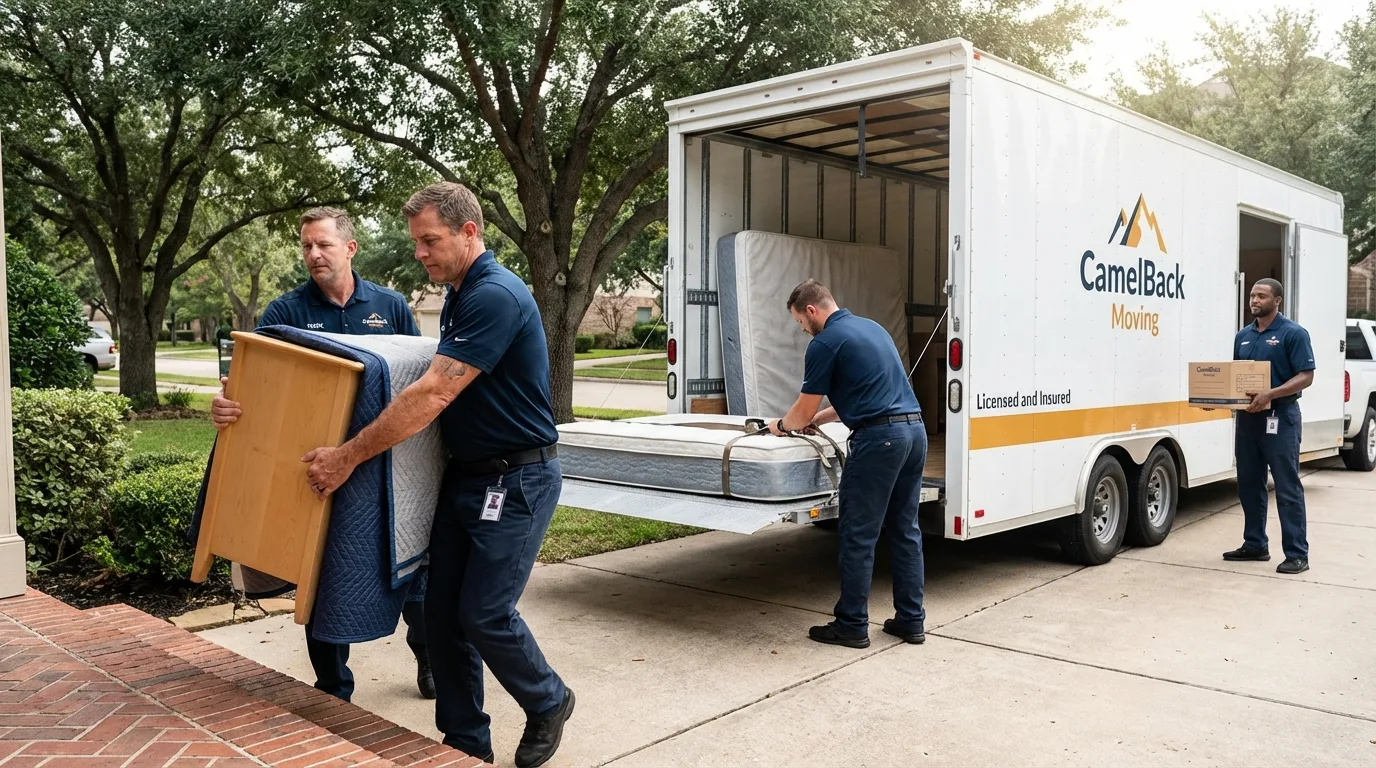 Crew loading residential truck for cross-state move from Mount Pleasant, IA