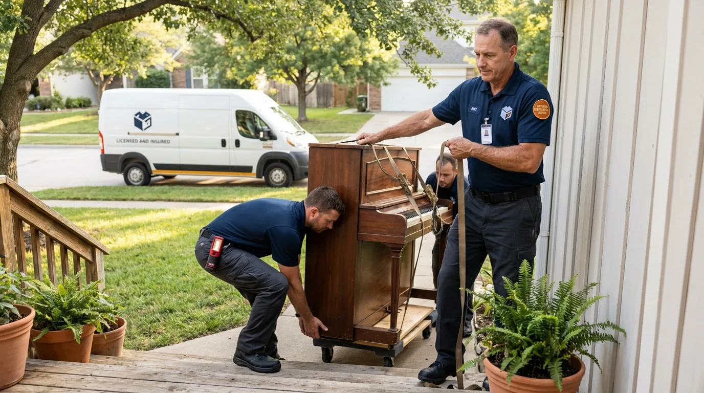 Licensed piano movers securing grand piano in Mount Pleasant, IA