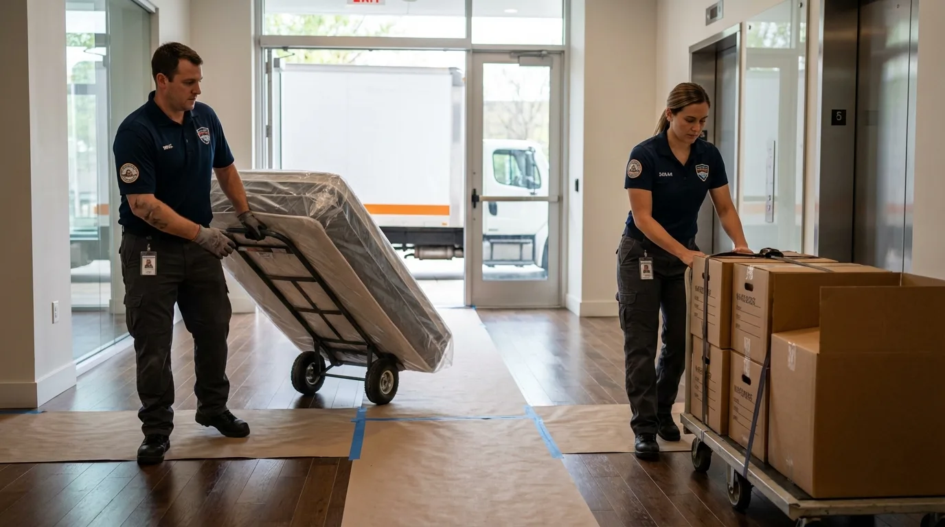 Professional apartment movers loading elevator in Mount Pleasant, IA